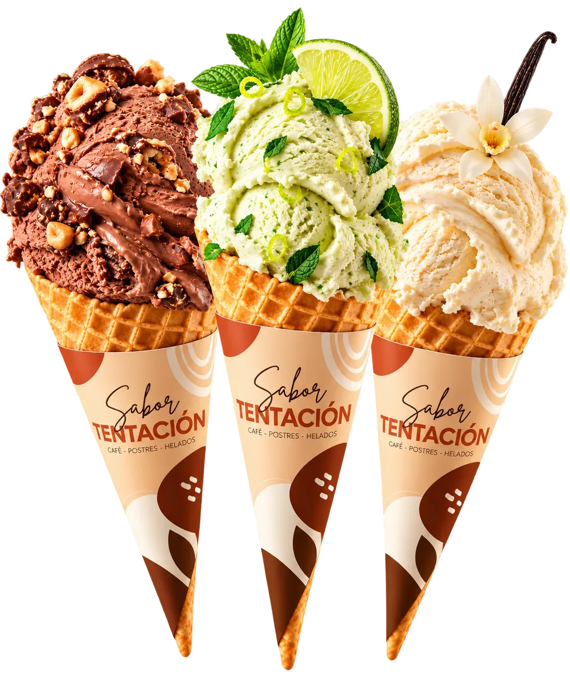 Conos de helado artesanal: chocolate con avellanas, menta limón y vainilla