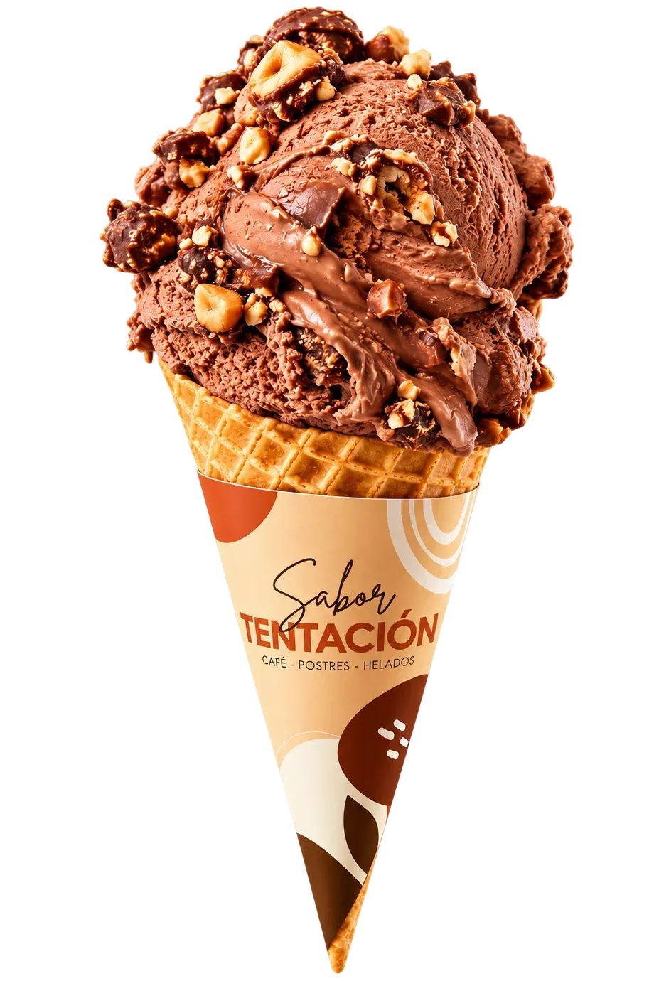Cono de helado artesanal de chocolate con avellanas